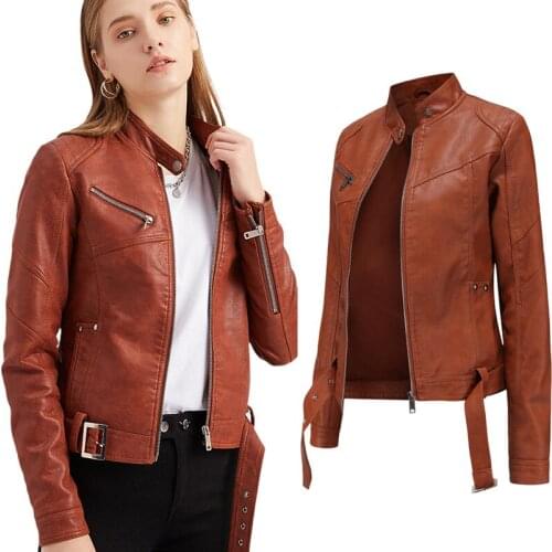 2021 Fall PU Mandarin Collar Slim Solid Rivets And Sequined Street Style Women Leather Jacket