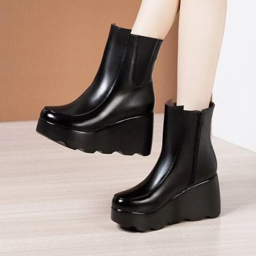 New 2021 Autumn Winter Boots With Platform Women Shoes Plus Size 34-43 High Heels Wedges Ankle Boots Leather Ladies Boots
