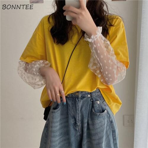 T-shirts Women Puff Long Sleeve Patchwork Solid Stylish Sweet College Streetwear Spring Breathable Korean Style All-match Girls