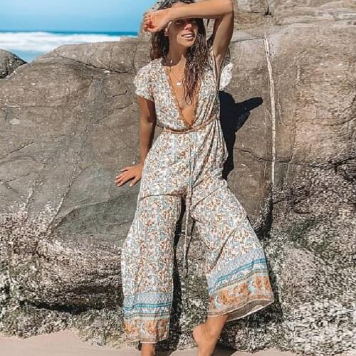 TEELYNN Women jumpsuit Ruffle sleeve V-Neck boho Wide leg Summer jumpsuit Floral Print romper beach playsuit gypsy jumpsuits