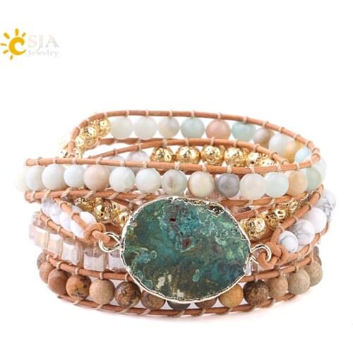CSJA Boho Agates Wrap Bracelets Natural Stone Beads Green Ocean Charms Jewelry 5 Strand Girls Friendship Leather Bracelet S217