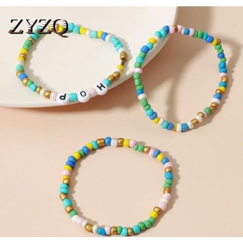 ZYZQ 3 Pcs Ethnic Colored Rice Bead Bracelets Set Bohemian Letters Beaded Women Bracelet Bonfire Party Wear Jewelry
