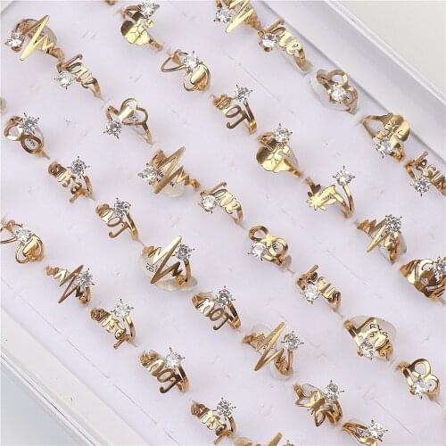 30pcs/lot Fashion Stainless Steel Zircon Love Butterfly Rings For Women Mix Style Gold Color Wedding Jewelry Party Gifts