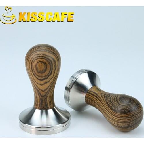 304 Stainless Steel Golden Sandalwood Handle Tamper Leopard Pattern Coffee Powder Hammer 51/54/57/58/58.35mm Tools Accessories