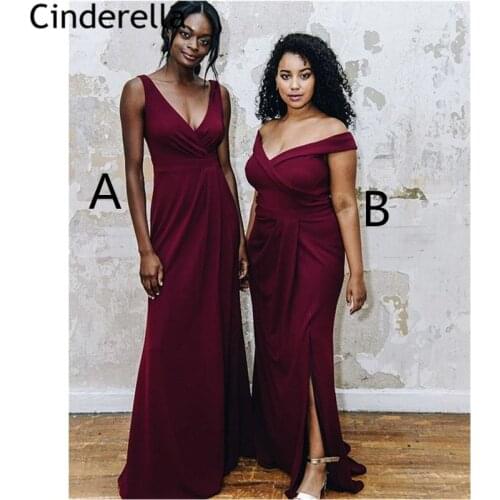 Burgundy Bridesmaid Dresses With Zipper Back African Style Floor Length V-Neck Side Slit Wedding Party Dresses