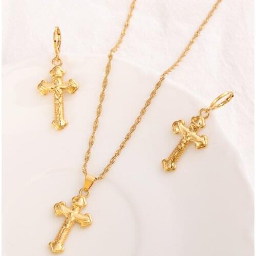 Bangrui Gold Vintage Cross Pendant Necklace Earrings For Women Men Gold Chain Jewelry Sets Christian Gifts