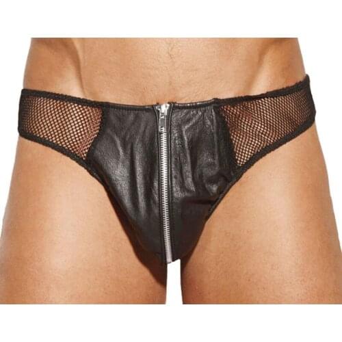 Hot Sexy Men Male Leather Underwear Black Zipper Open Crotch Briefs Panties Exotic Apparel