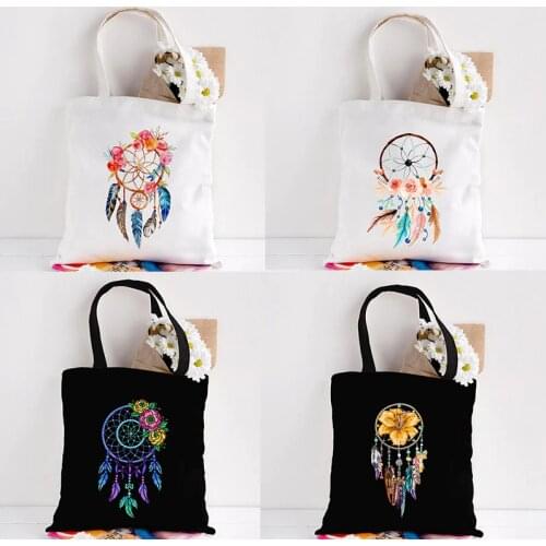 Dream Feather Print Cotton Canvas Tote Bags Dreamcatcher Harajuku Fashion Casual Girl Tote Eco Shopper Shoulder Bags Handbag