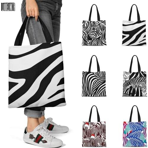 New Zebra Pattern Canvas Tote Bag With Zipper Female Shopping Shoulder Bag School Bag Reusable Grocery Bag Eco Large-capacity