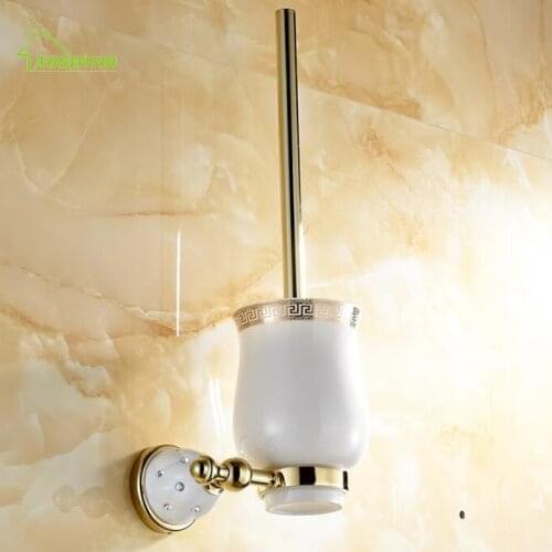 Classic Golden Toilet Brush Holders Wall Mounted Brass Finish Bathroom Accessories Diamond Toilet Brush Holder Ceramic Cup CC