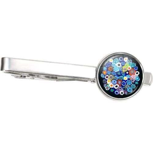 Murano Millefiori Tie Clip MultiColour Flower Glass Cabochon Sliver Color Tie Clasp For Men Shirt Gift Wholesale