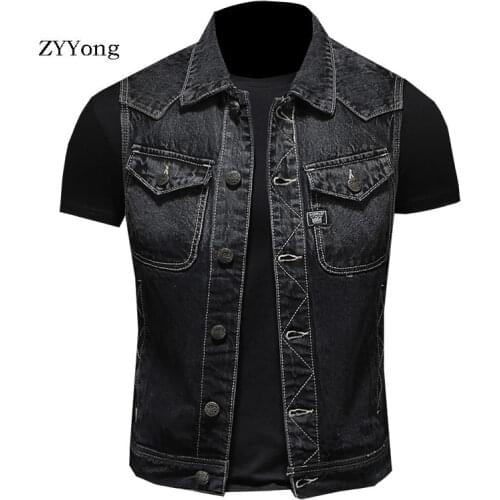 Spring Summer European Style Retro Black Slim Bomber Denim Vest Coat Men Waistcoat Classical Jean Jacket Casual Gilet Homme