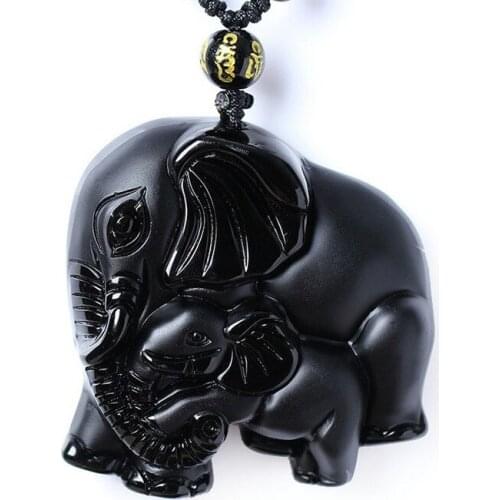 Natrual Obsidian Carved Elephant Nose God of Wealth Lucky Pendants Black Obsidian Necklace Pendant