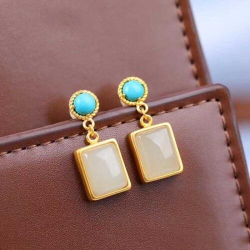 Original Silver Natural Hotan white jade Turquoise Earrings Chinese style retro geometric charm womens Christmas Halloween Gift