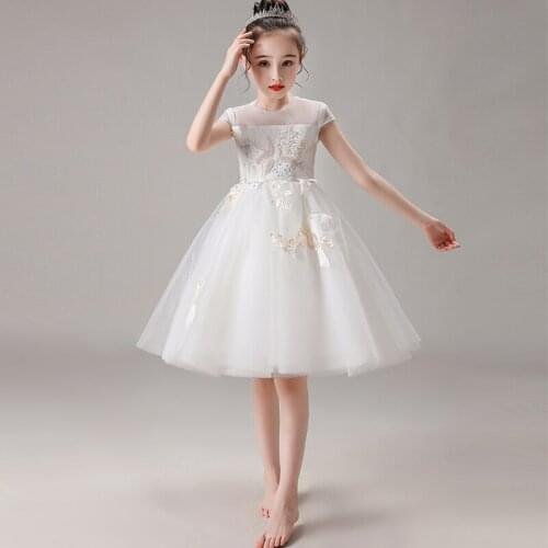 Flower Girl Dresses Illusion Crystal Embroidery Beading O-Neck Short Princess Knee-Length Lace Luxury Tulle Kids Party Gown H324