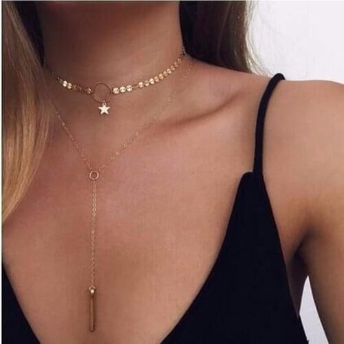 Simple Exquisite Sequins Star Choker Necklace Pendant Women Fashion Party Statement Long Clavicle Chain Necklaces