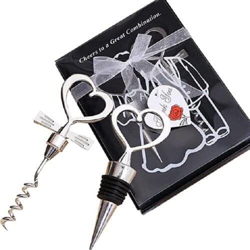 10box Love Heart Corkscrew Wine Bottle Opener + Wine Stopper Wedding Gift Favors for Guests Bottle Opener Set Wedding Decoration