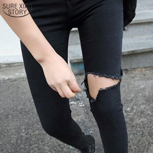 Spring Summer Irregular Stretch Ripped Holes Denim Jeans Women Skinny Tassel High Waist Jeans Femme Pencil Jeans 10399