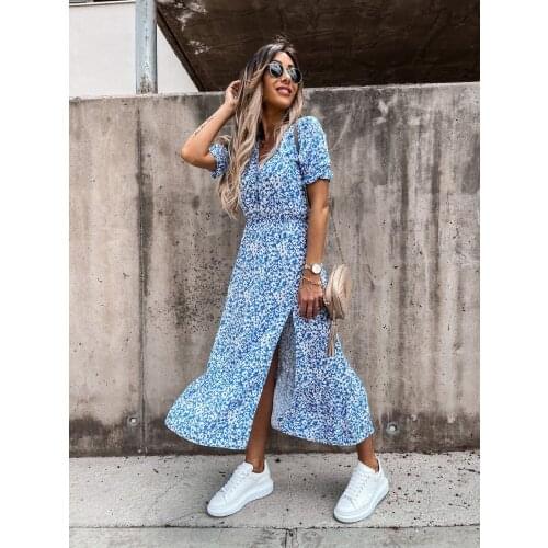 Elastic Waist Vintage Long Women Dress Bohe Split Floral Print Short Sleeve Dress Casual Streetwear платье летнее женское2021