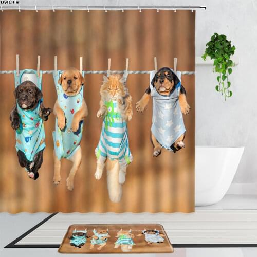 Funny Cat And Dog Shower Curtains Cute Cartoon Animal Photos Home Decor Curtain Set Bathroom Non-Slip Bath Mats Bathtub Screen