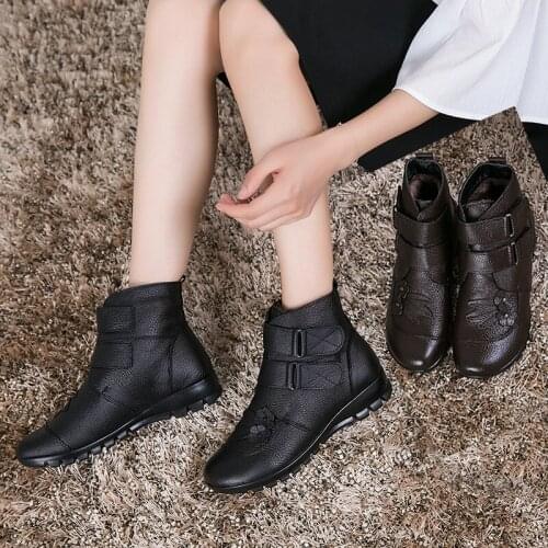 Winter Genuine Split Leather Ladies Ankle Short Boots Soild Flat Flower Round Toe Plush Platform Women Shoes