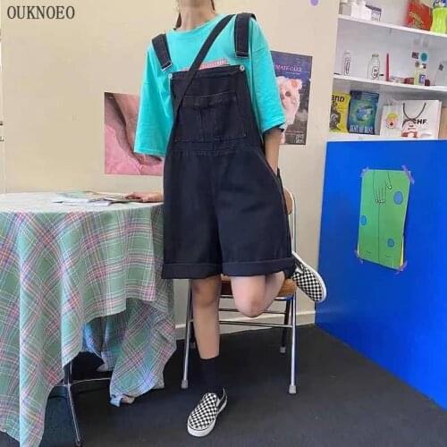 Summer Korean Womens Denim Overalls Button Big Pocket Shorts Preppy Style Wide Leg Pants Jumpsuits 2021 Woman Ropa De Trabajo