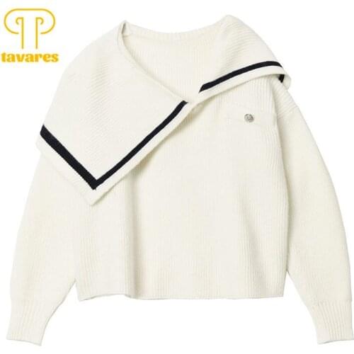 TAVARES Pullover Sweaters Spring Fall Clothes Women Oversized Tops Sailor Collar Knitted Sweater Harajuku Japanese Streetwear
