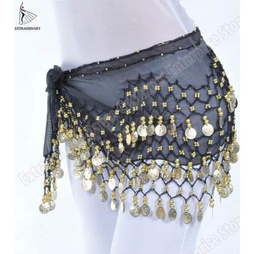 Women Coin Hip Scarf Belly Dance Belt Bead Wrap Costume Bellydance Accessories Shawl Chiffon Fringe Scarf 13 Color