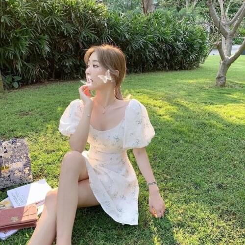 Sweet Girl Summer Elegant Women Puff Sleeve French Floral Print Mini Dress Office Lady Korean Japan Style Kawaii Mori Girl Dress