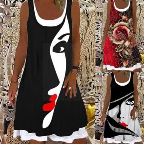 Women Fashion Loose Casual Floral Abstract Print Round Size Two-piece Female Ladies Neck Sleeveless Summer Fake Plus Dress F8M0