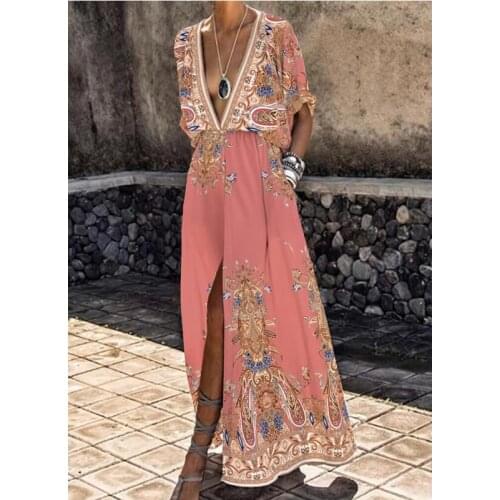 2021 Womens Printed European And American Summer Deep V-Neck Retro Sexy Bohemian Ankle Split Dress Fashion Loose Dress Vfemage