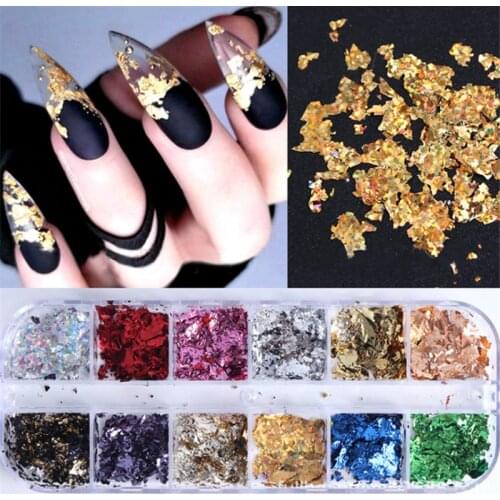 12 Color Gold Foils Gorgeous Nails Glitter Aluminum Flakes Paillette Chip Nail Design Shinny New Year Nail Art Decoration