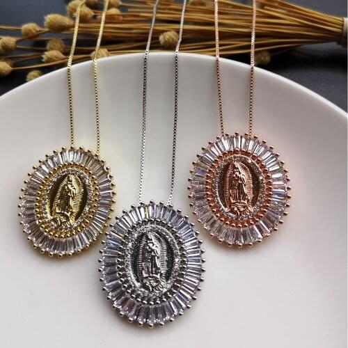 12pcs/lot 28x31mm Micro Pave AAA CZ Virgin of Guadalupe Necklace Copper Guadalupe Necklace for Women & Gift