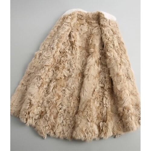 2020 Womens Coat Long Tweed Wool Blends Winter Jacket Women Natural Mink Collar Real Lamb Fur Coats 68214