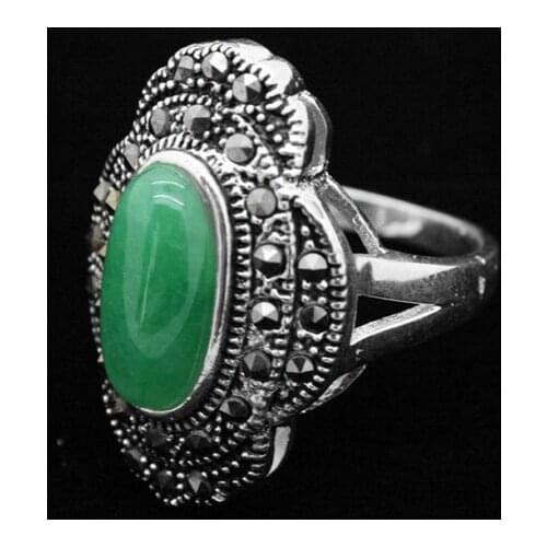 24*16mm VINTAGE NATURAL JADE MARCASITE RING SIZE 6/7/8/9