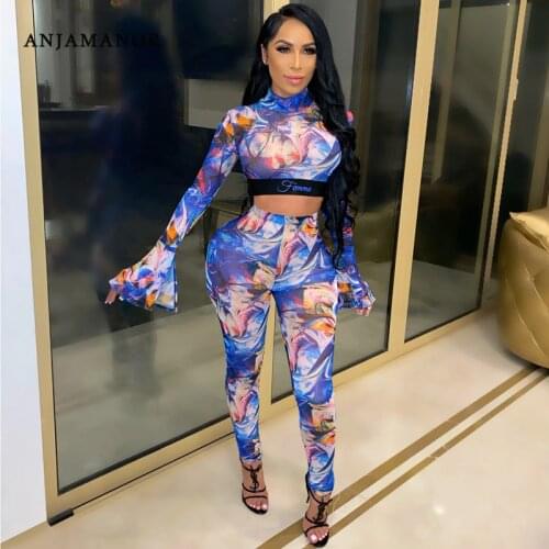 ANJAMANOR Fashipn Print Mesh Two Piece Women Sets Spring 2021 Sexy Club Outfits Crop Top Pants Suit Matching Sets D42-CH20