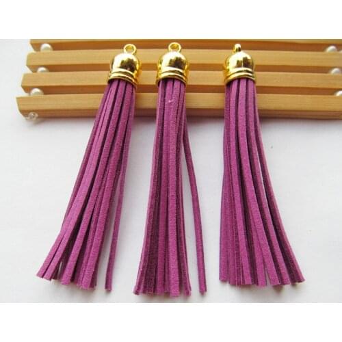 Free Shipping 100Pcs 90mm Purple Suede Leather Jewelry Tassel For Key Chains/ Cellphone Charms Top Plated End Caps Cord Tip