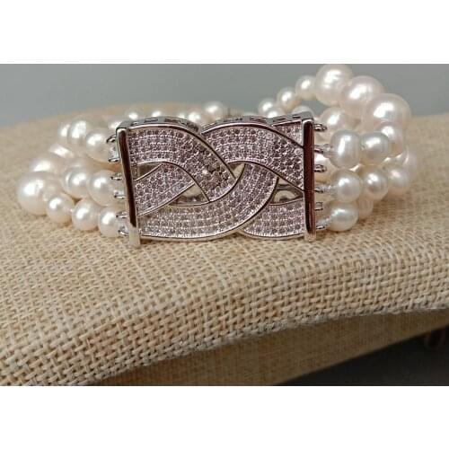 YYGEM 3 Strands natural Cultured White freshwater Pearl connector strand Bracelet 8" wedding for women