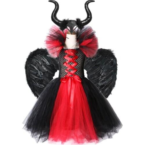 Red Black Maleficent Cosplay Costumes for Girls Kids Halloween Tutu Dresses Long Children Christmas Party Dress with Horns Wing