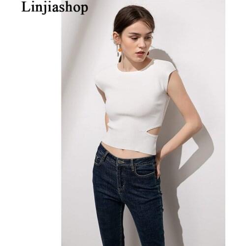 Summer women tank top casual knitted black white solid slim knitwear ribbed elastic femme tops