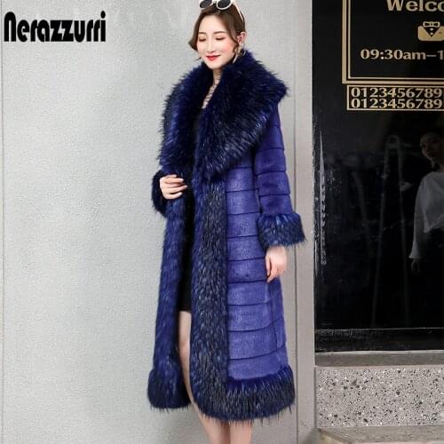 Nerazzurri Sapphire blue luxury mink fur coat with fox trim long furry striped faux fur overcoat women plus size fluffy jacket