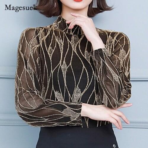 2021 Autumn Winter New Fashion Long Sleeve T-shirt Elegant Half High Collar Mesh Tops Female Sexy Retro Blouses Blusas 16725