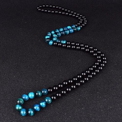 Natural Royal Blue Tiger Eye Beads Necklaces Women Fashion Obsidian Necklace Men Natural Onyxs Yoga Prayer Jewelry Collier Homme