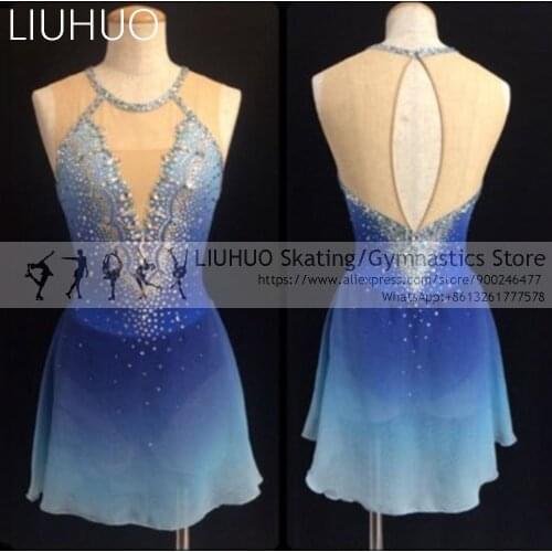 LIUHUO Figure Skating Dress Gradient Blue Sleeveless Ice Skating Costumes Spandex Swimsuit outfits Competition Maxi Dresses