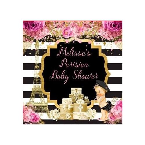 Custom Gold Eiffel Tower Baby Shower Striped Flower Leaves Gift background Computer print party backdrops