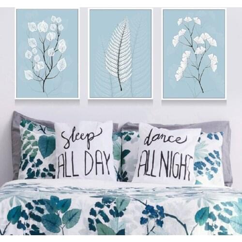 Nordic Simplicity Canvas Painting White Leaves Light Blue Background Hanging Wall Art Decor Poster For Living Room Bedroom
