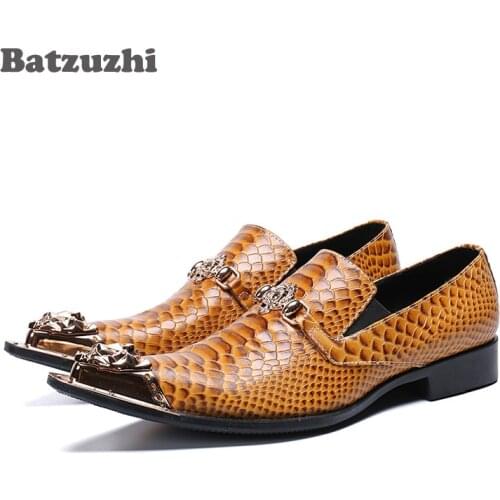 Batzuzhi Italian Tpye Men Shoes Pointed Iron Toe Genuine Leather Dress Shoes Slip-on Party and Wedding Shoes Zapatos Hombre