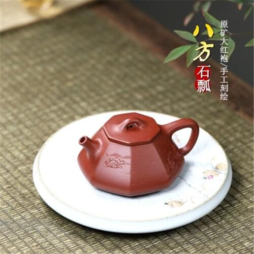 Yixing Purple Clay Teapot Hand Carved And Painted Ore Dahongpao Octagonal Stone Scoop Tea Pot Chinese Small Capacity Teaset