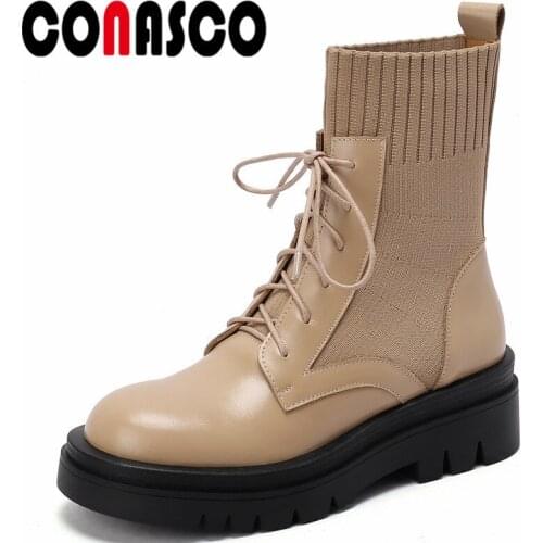CONASCO Retro Brand Women Ankle Boots Autumn Winter Warm Cow Leather Party Basic Prom Office Boots Concise Sweet Shoes Woman