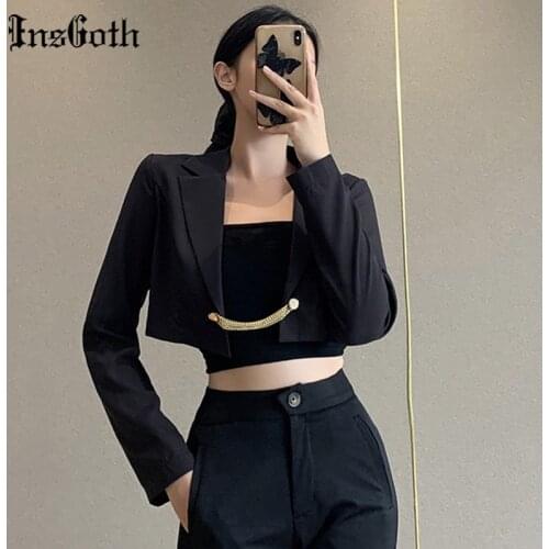 InsGoth Streerwear Metal PatchworkBlack Blazer Jacket Women Fashion Crop Suits V-neck Casual Fitness Female Tops Autumn